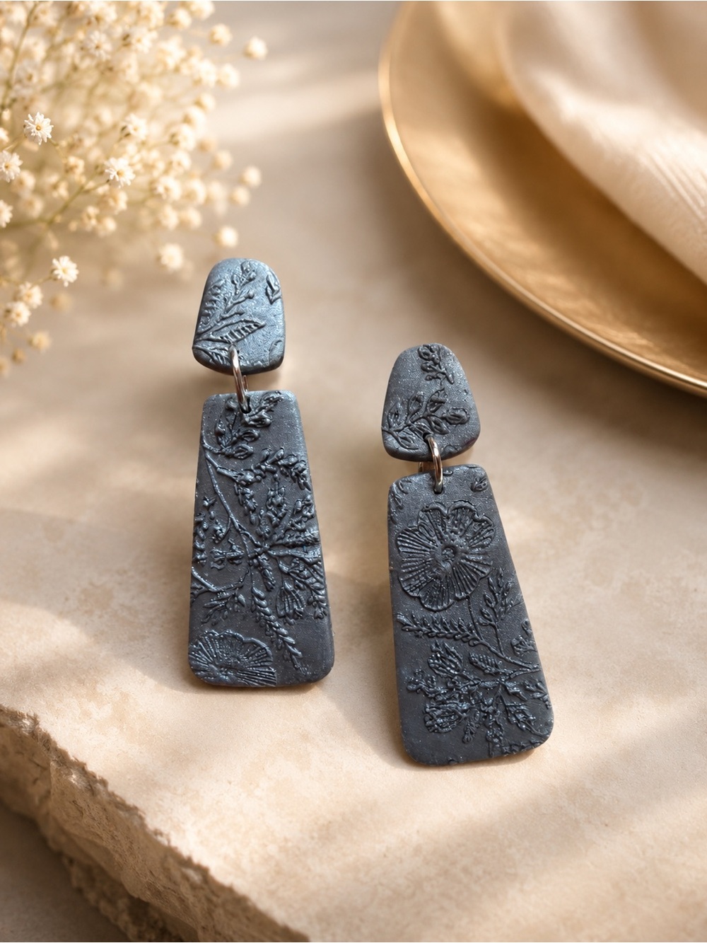 Floral Textured Drop Handmade Polymer Clay Earrings - Charcoal